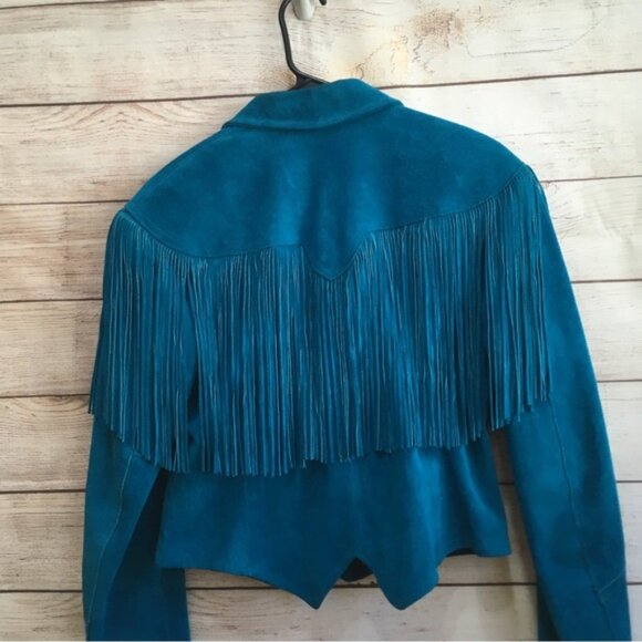 VINTAGE PIONEER WEAR GENUINE LEATHER FRINGE JACKET IN DEEP TEAL - Picture 13 of 16